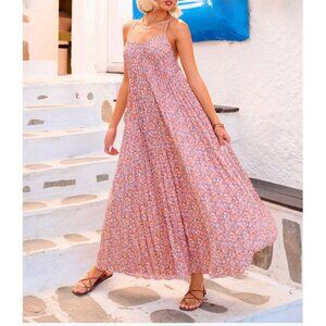 Floral Backless Pleated Sleeveless Cami Dress Pink
